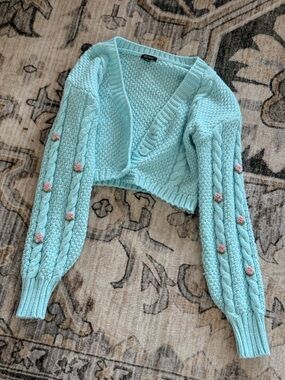 wild fable Mint Cropped Cable Knit Cardigan with Pink Floral Bobbles